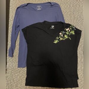 Pair of Women Tops - Uniqlo Black and Floral Top and Chico Blue Long Sleeve